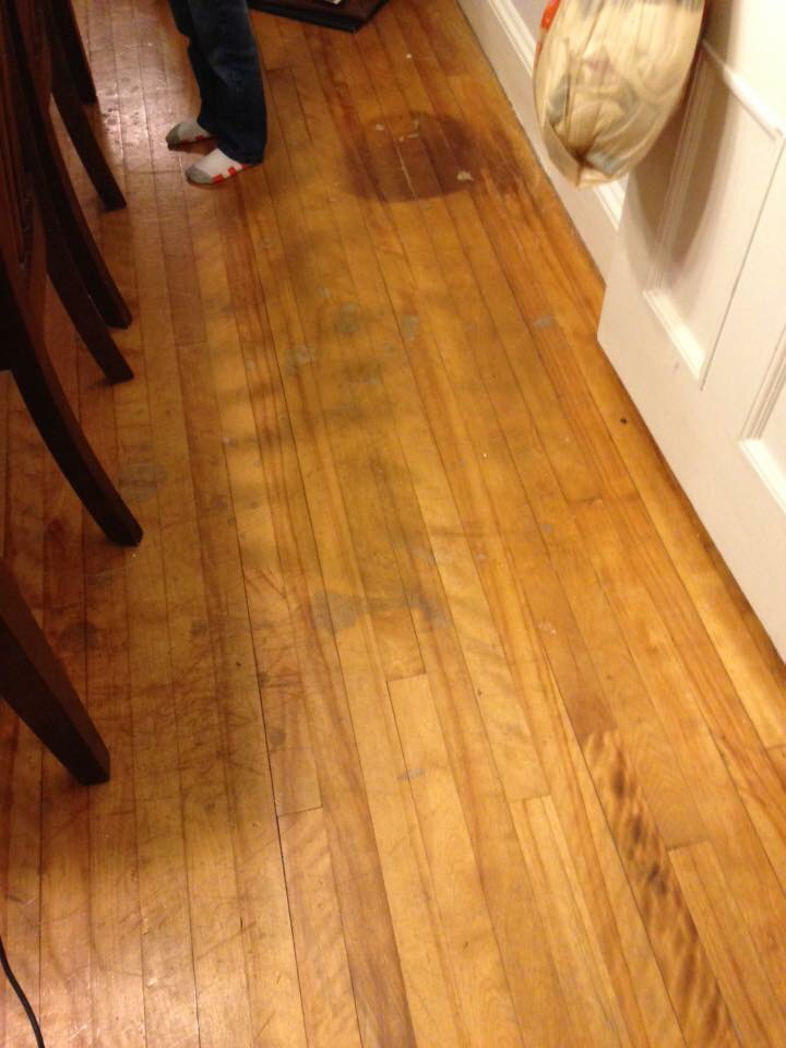 A picture of a water damaged hardwood floor ready to be refinished